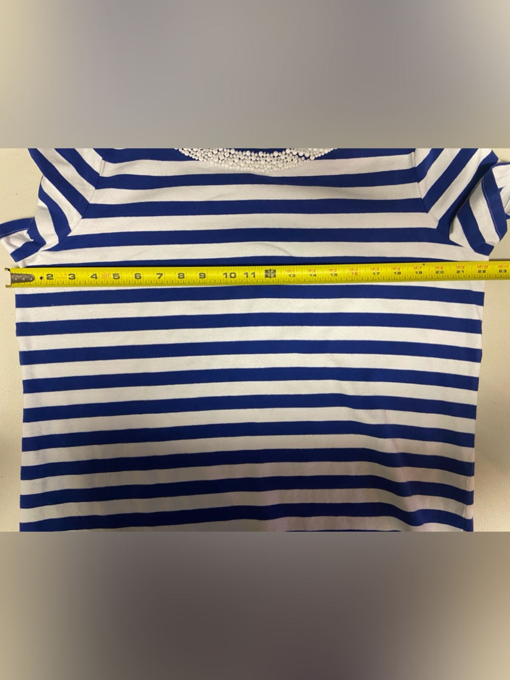 Talbots White and Royal Blue Striped Short Sleeve Top with Beaded Collar - Picture 5 of 7